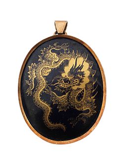 Meissen Porcelain Dragon Pendant w 14K Gold