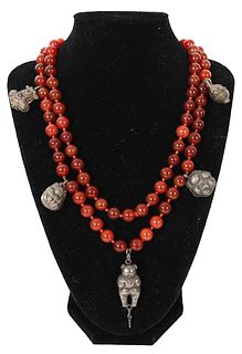 Carnelian Beaded Necklace w Sterling Charms