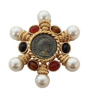 Ciner Cabochon Glass Pearl Ancient Coin Brooch
