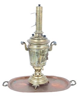 Antique Brass Samovar w Copper Tray