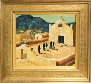 Adobe Church w Worshippers Painting, Oil/Board