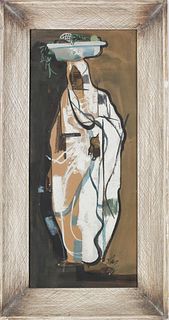 Vintage Modernist Gouache Figural Painting, Signed