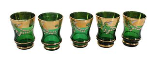 (5) Green Glass Cups w Gilt Enamel