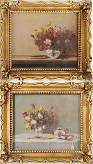 Pair of Floral Still Life Paintings, Signed O/B