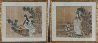(2) Chinese Figural Landscapes, Gouache