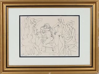 Assembly of Female Nudes, Signed Ink Drawing