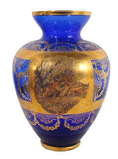 Vintage Cobalt Blue & Gilt Trim Glass Scenic Vase