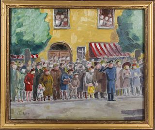 1950's "Waiting for the Parade",Signed Oil/Board