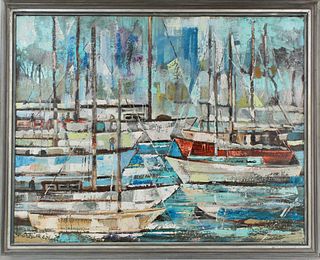 1960's Oil Painting Sailboats in Harbor