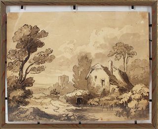English 19th C Pen & Sepia Ink, Signed