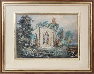 19th C Watercolor of Ruins, Signed