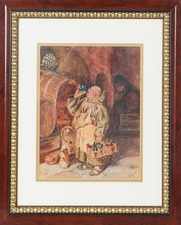 Antique Watercolor of a Monk, Signed