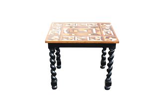 Contemporary Inlayed Wood Table w Turned Legs
