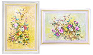 Pair 20th C Floral Paintings, Signed