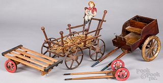 Three wooden toy carts and wagons, 19th c.