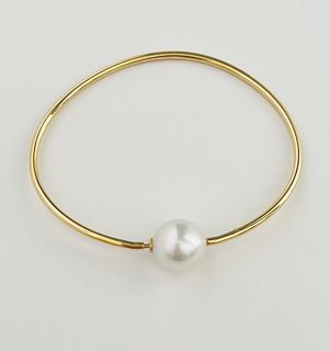 Fine 11.3mm White south Sea Pearl 14k Gold Bangle Bracelet