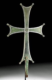 Byzantine Bronze Processional Cross Silver Gilt Trim