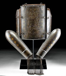 19th C. Indo-Persian Gilt Iron Armor Chest + Arm Guards