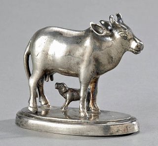 19th C. Indian Silver Altar Votive - Mother Cow w/ Nursing Calf