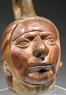 Moche Polychrome Stirrup Vessel - Portrait Head Form