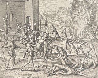 De Bry - Latin America - Hernando de Soto tortures native Americans. Spanish soldiers cut off limbs and hands, burn, pour liquid in a funnel down a th