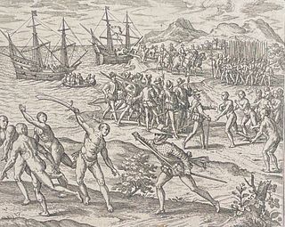 De Bry - Latin America - Native Americans and Spanish greet and then fight each other on a seashore. Military aspects include scene of warfare, guns o