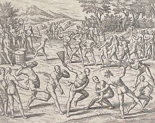 De Bry - Latin America - Native Americans dance with fans, musical instruments such as drums, gourds or maracas, and trumpets.