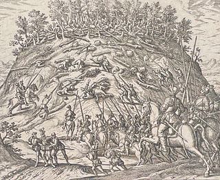 De Bry - Latin America - Native Americans roll logs down a hill while European soldiers attack from the bottom. Includes scene of warfare, guns or mus