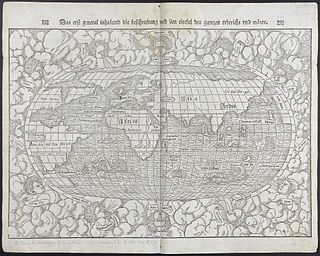 Munster, pub. 1564 - Map of the World with Windheads (Includes America named as Florida, South America as Brazil)