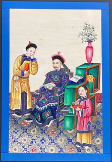 Original Chinese Watercolor - Chinese People with Books and Tea