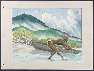 Kenyon, Original Watercolor - Native Island Person with Canoe