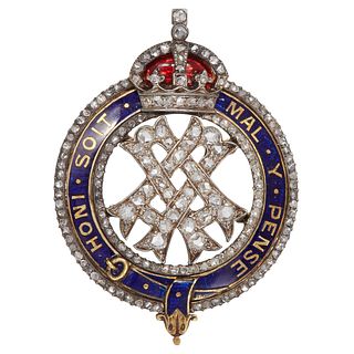 DIAMOND AND ENAMEL ORDER OF THE GARTER BROOCH WITH CYPHER OF QUEEN ALEXANDRA