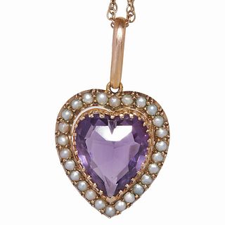 AMETHYST AND PEARL HEART PENDANT WITH CHAIN