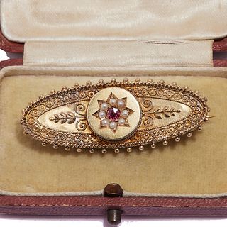 VICTORIAN RUBY AND PEARL BROOCH