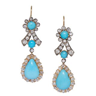 PAIR OF TURQUOISE AND DIAMOND DROP EARRINGS