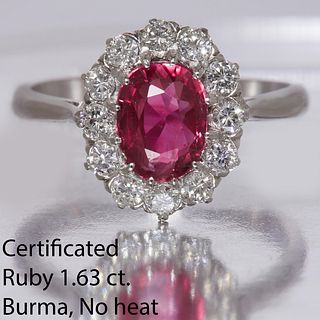 CERTIFICATED 1.63 CT. RUBY AND DIAMOND CLUSTER RING