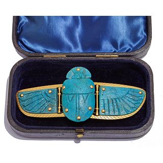 IMPORTANT LARGE ANCIENT EGYPTIAN FAIENCE SCARAB BROOCH OF MUSEUM QUALITY
