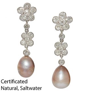 IMPORTANT PAIR OF NATURAL SATWATER PEARL AND DIAMOND DROP EARRINGS