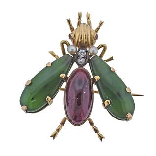 Antique 18k Gold Nephrite Jade Garnet Diamond Pearl Insect Brooch Pin