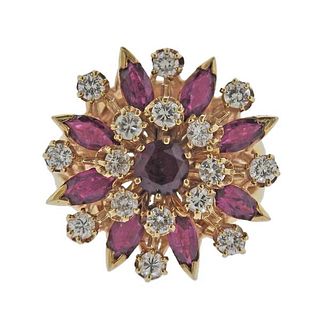 14k Gold Ruby Diamond Cluster Cocktail Ring