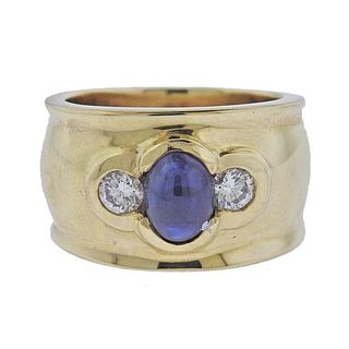 14k Gold Sapphire Cabochon Diamond Wide Band Ring