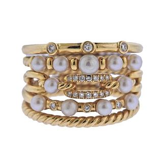 David Yurman 18k Gold Perle Multi Row Diamond Pearl Ring