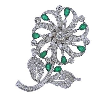 Platinum Diamond Emerald Flower Brooch Pin