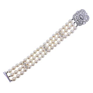 Midcentury Platinum Diamond Pearl Bracelet