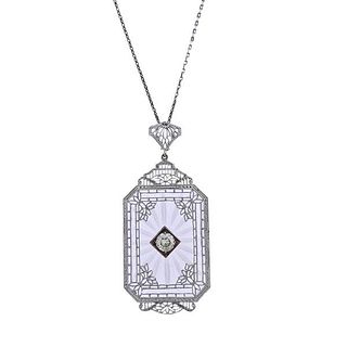 Art Deco Filigree Gold Diamond Crystal Pendant Silver Necklace 