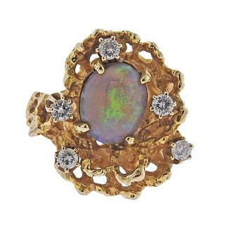 1970s 14k Gold 14k Gold Diamond Opal Ring