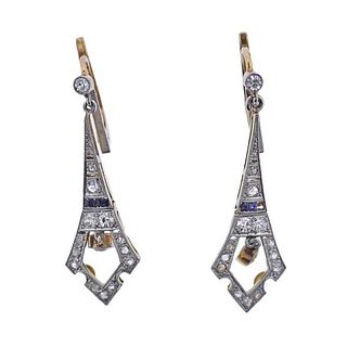 Antique French 18k Gold Platinum Diamond Sapphire Earrings