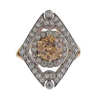 Art Deco GIA 1.54ct Fancy Yellow Brown European Diamond Ring