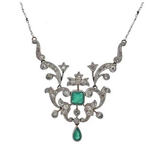 Antique Edwardian Gold Platinum Emerald Diamond Necklace