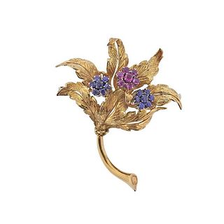 Italian 1960s 18k Gold Sapphire Flower Brooch Pin